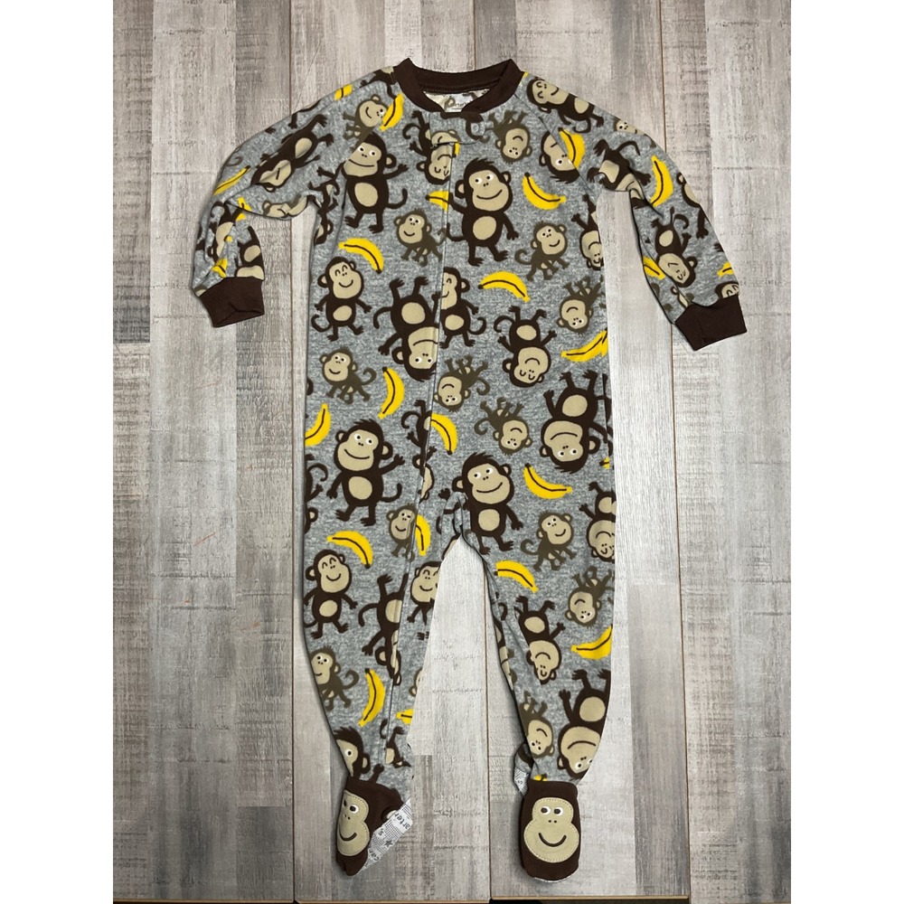 Carters 24M Monkey Banana Fleece Footed Pajamas Grey Brown Zip Up Sleeper